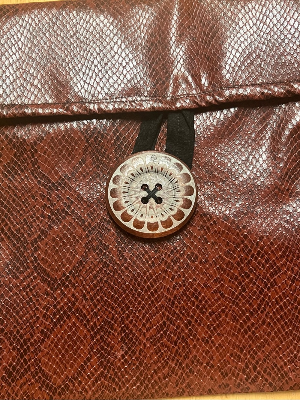 Brown Faux Snakeskin Envelope Clutch with Decorative Button
